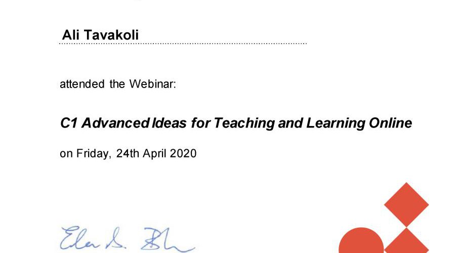 My certificate of attendance, Cambridge Assessment English, C1 Advanced - ideas for teaching and learning online,