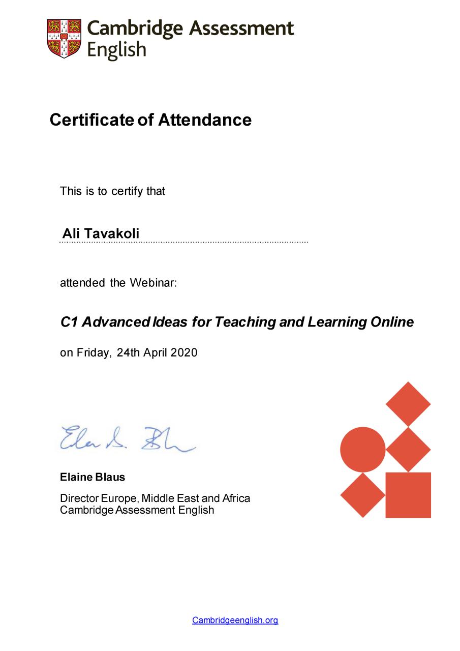 My certificate of attendance, Cambridge Assessment English, C1 Advanced ...