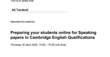 My certificate of attendance, Cambridge Assessment English, Preparing your students online for Speaking papers in Cambridge English