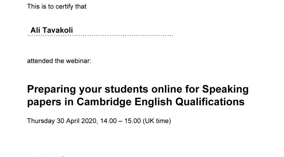 My certificate of attendance, Cambridge Assessment English, Preparing your students online for Speaking papers in Cambridge English