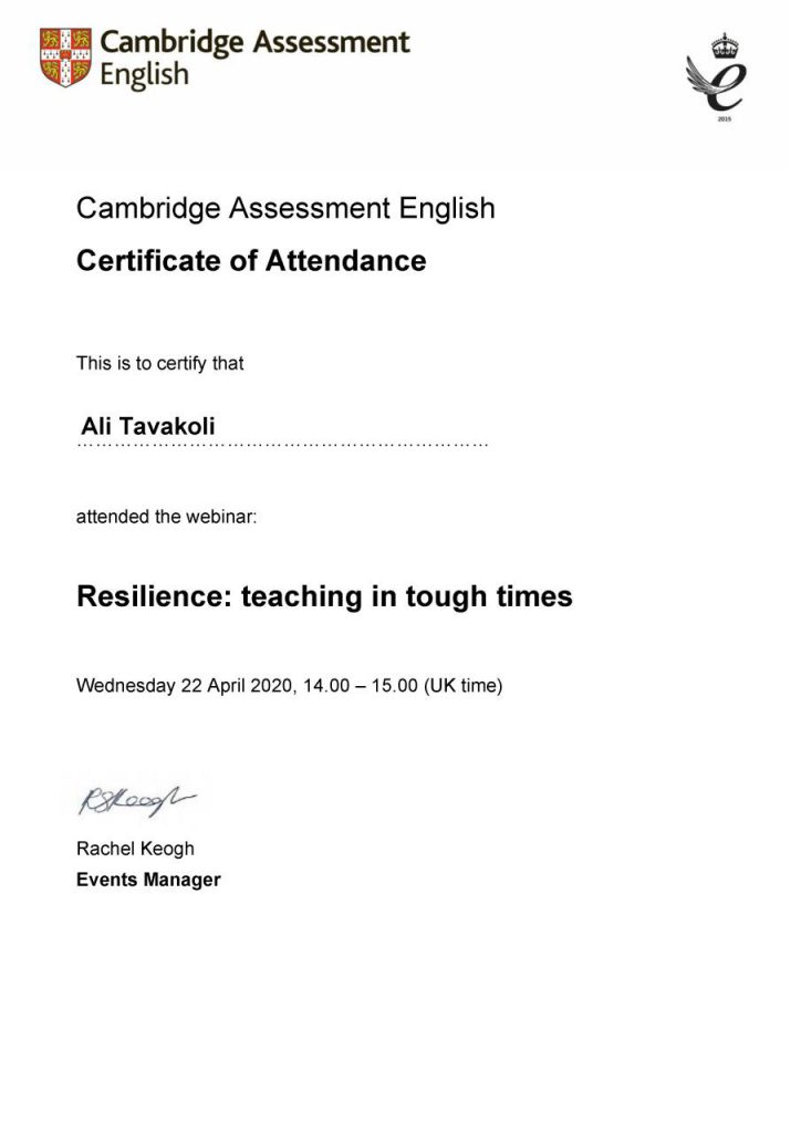 My certificate of attendance, Resilience: teaching in tough times - Ali ...