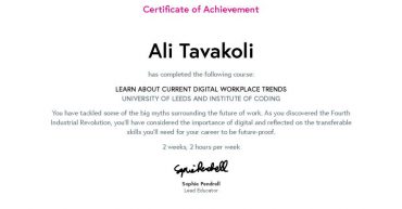 Ali Tavakoli's Certificate of Achievement for Learn about Current Digital Workplace Trends