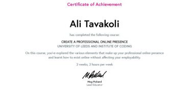 Ali Tavakoli’s Certificate of Achievement for Create a Professional Online Presence 2