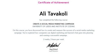 Ali Tavakoli’s Certificate of Achievement for Create a Social Media Marketing Campaign