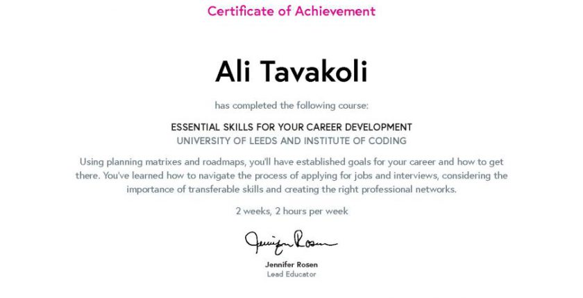 Ali Tavakoli’s Certificate of Achievement for “Essential Skills for Your Career Development”