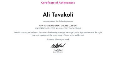 My certificate for How to Create Great Online Content on @FutureLearn, University of Leeds 1