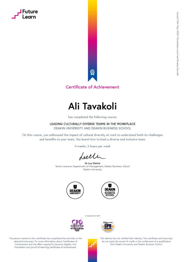 My certificate for “Leading Culturally Diverse Teams in the Workplace”