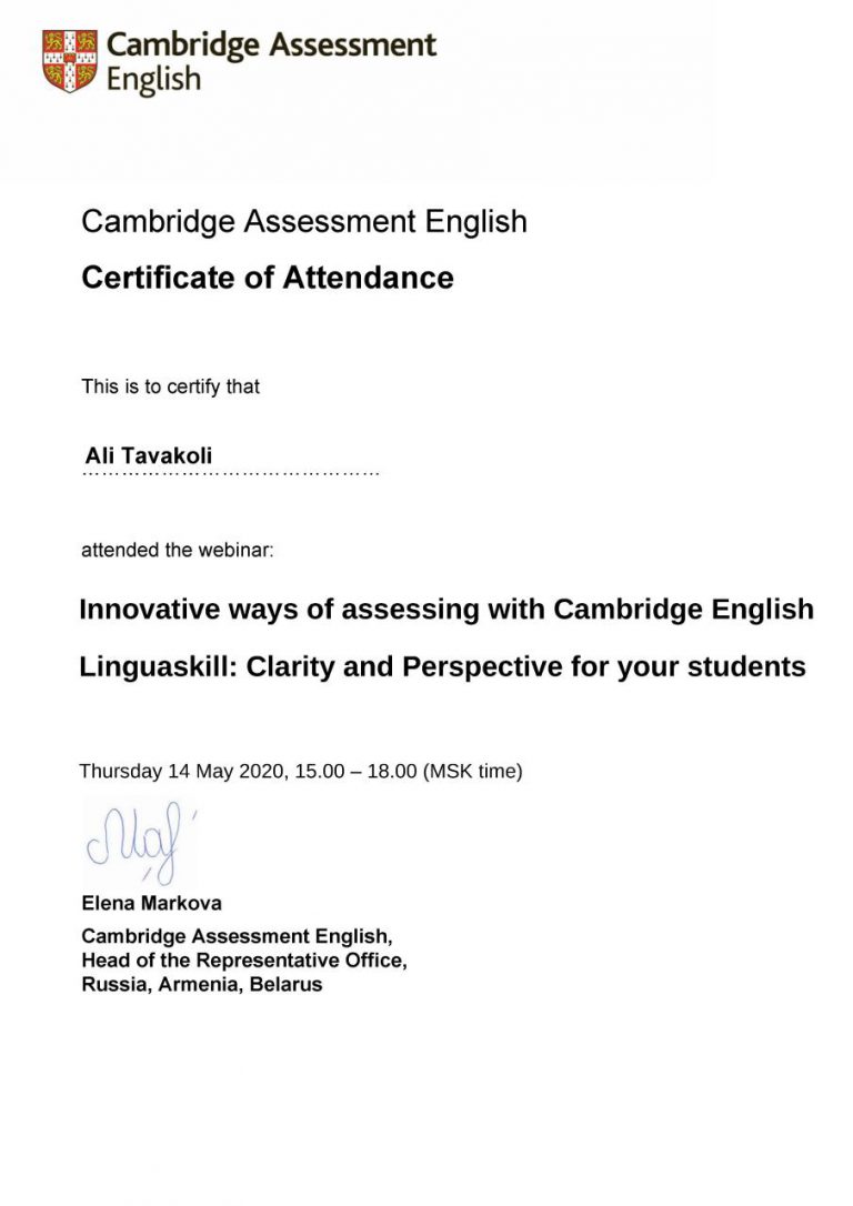 My certificate of attendance, Cambridge Assessment English, 