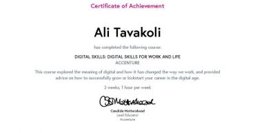 Ali Tavakoli’s Certificate of Achievement for Digital Skills: Digital Skills for Work and Life