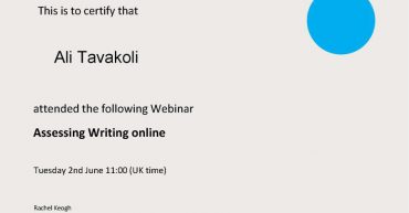 Ali Tavakoli’s certificate of attendance, Cambridge Assessment English, Assessing Writing online,