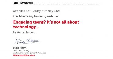 Ali Tavakoli’s certificate of attendance Engaging teens Not all about technology