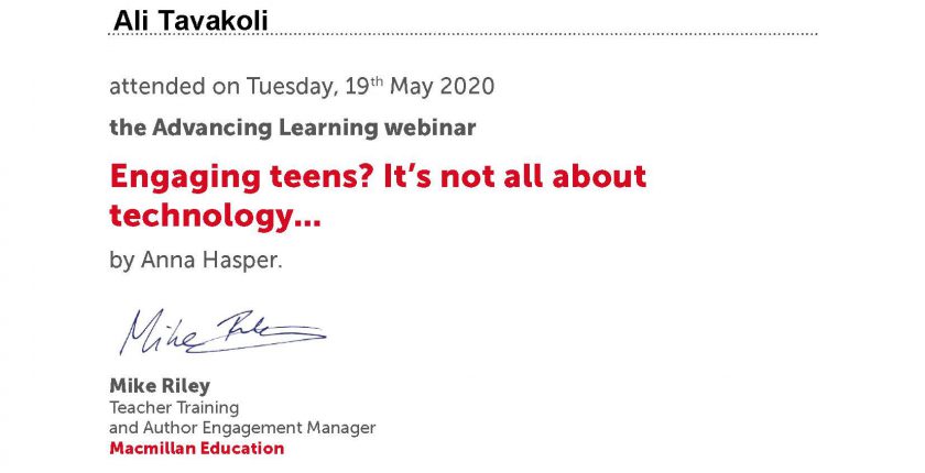 Ali Tavakoli’s certificate of attendance Engaging teens Not all about technology