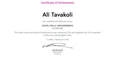 Ali Tavakoli's Certificate of Achievement for Digital Skills User Experience