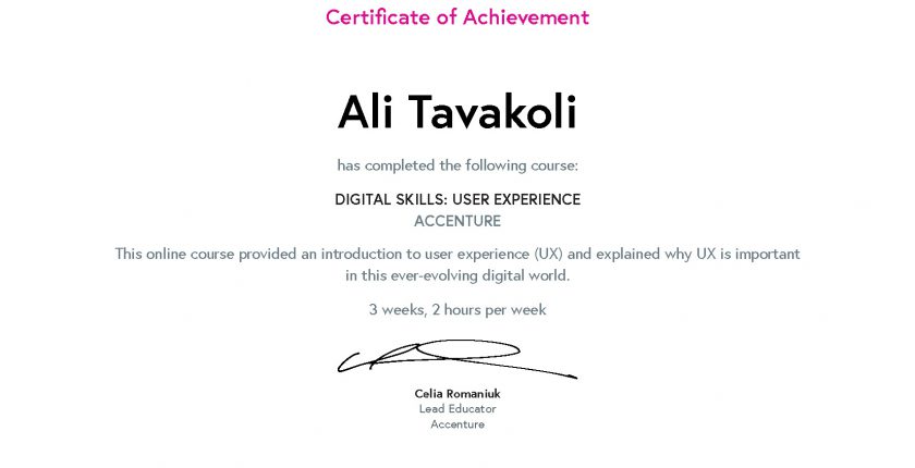 Ali Tavakoli's Certificate of Achievement for Digital Skills User Experience