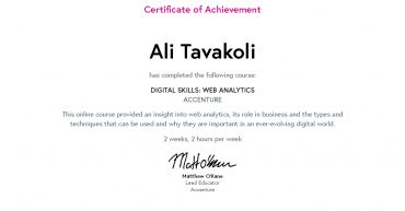 Ali Tavakoli's Certificate of Achievement for Digital Skills, Web Analytics