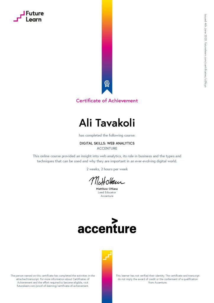 Ali Tavakoli's Certificate of Achievement for Digital Skills, Web Analytics