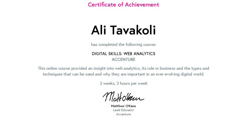 Ali Tavakoli's Certificate of Achievement for Digital Skills, Web Analytics
