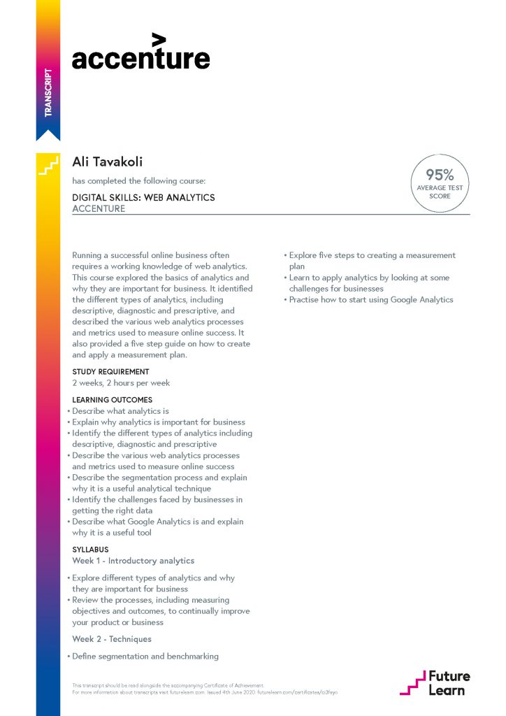 Ali Tavakoli's Certificate of Achievement for Digital Skills, Web Analytics