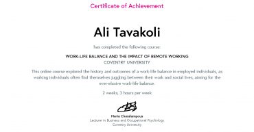 Ali Tavakoli's Certificate of Achievement for Work-Life Balance and the Impact of Remote Working