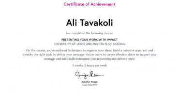 Ali Tavakoli’s certificate of Achievement for Presenting Your Work with Impact