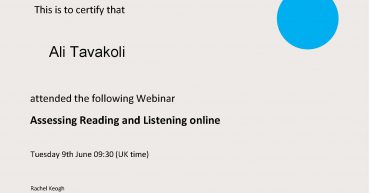 Ali Tavakoli’s certificate of attendance, Assessing Reading and Listening Online