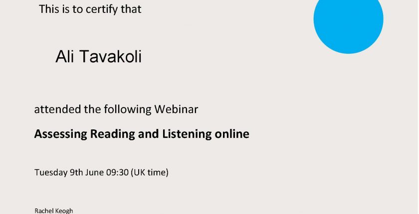 Ali Tavakoli’s certificate of attendance, Assessing Reading and Listening Online
