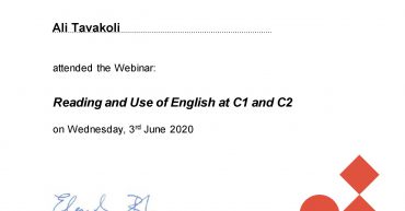Ali Tavakoli’s certificate of attendance, Reading and Use of English at C1 and C2