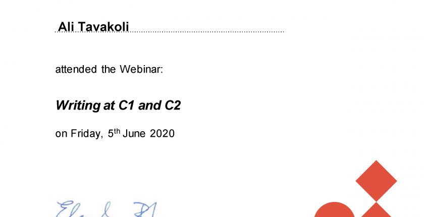 Ali Tavakoli’s certificate of attendance, Cambridge Assessment English, Writing at C1 and C2