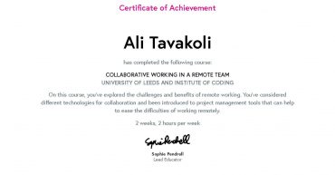 Ali Tavakoli's Certificate of Achievement for Collaborative Working in a Remote Team