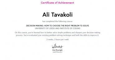 Ali Tavakoli's Certificate of Achievement for Decision Making