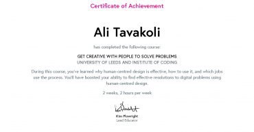 Ali Tavakoli's Certificate of Achievement for Get Creative with People to Solve Problems