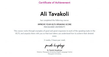 Ali Tavakoli's Certificate of Achievement for Improve your IELTS Speaking score 1