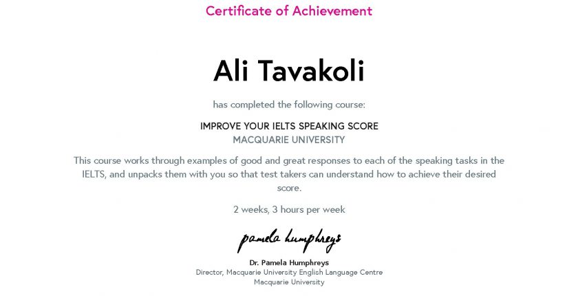 Ali Tavakoli's Certificate of Achievement for Improve your IELTS Speaking score 1