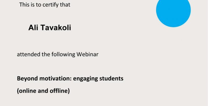 Ali Tavakoli’s certificate of attendance, Beyond motivation: engaging students (online and offline)