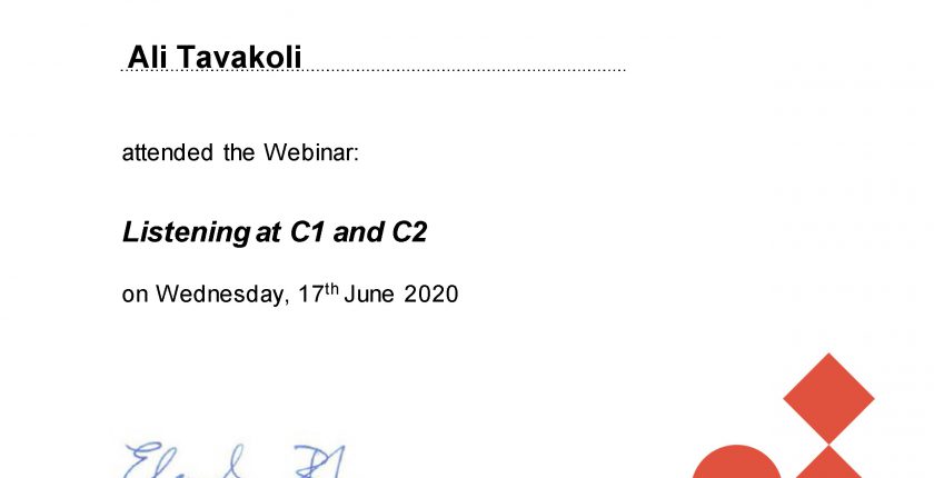 Ali Tavakoli’s certificate of attendance, Listening at C1 and C2