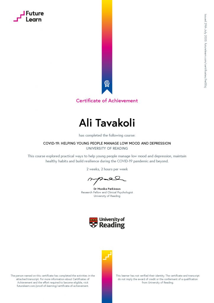 Ali Tavakoli's Certificate of Achievement for COVID-19 Helping Young People Manage Low Mood and Depression1