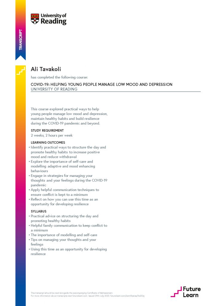 Ali Tavakoli's Certificate of Achievement for COVID-19 Helping Young People Manage Low Mood and Depression2
