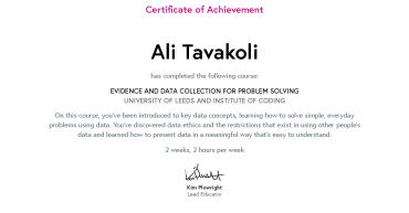 Ali Tavakoli's Certificate of Achievement for Evidence and Data Collection for Problem Solving 1