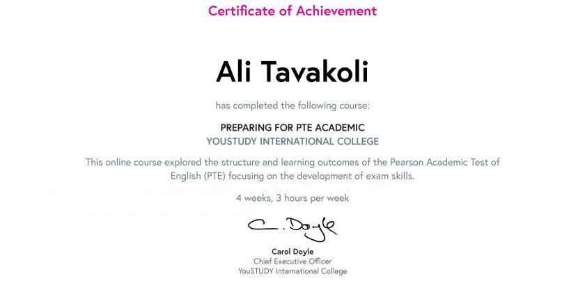 Ali Tavakoli's Certificate of Achievement for Preparing for PTE Academic 1
