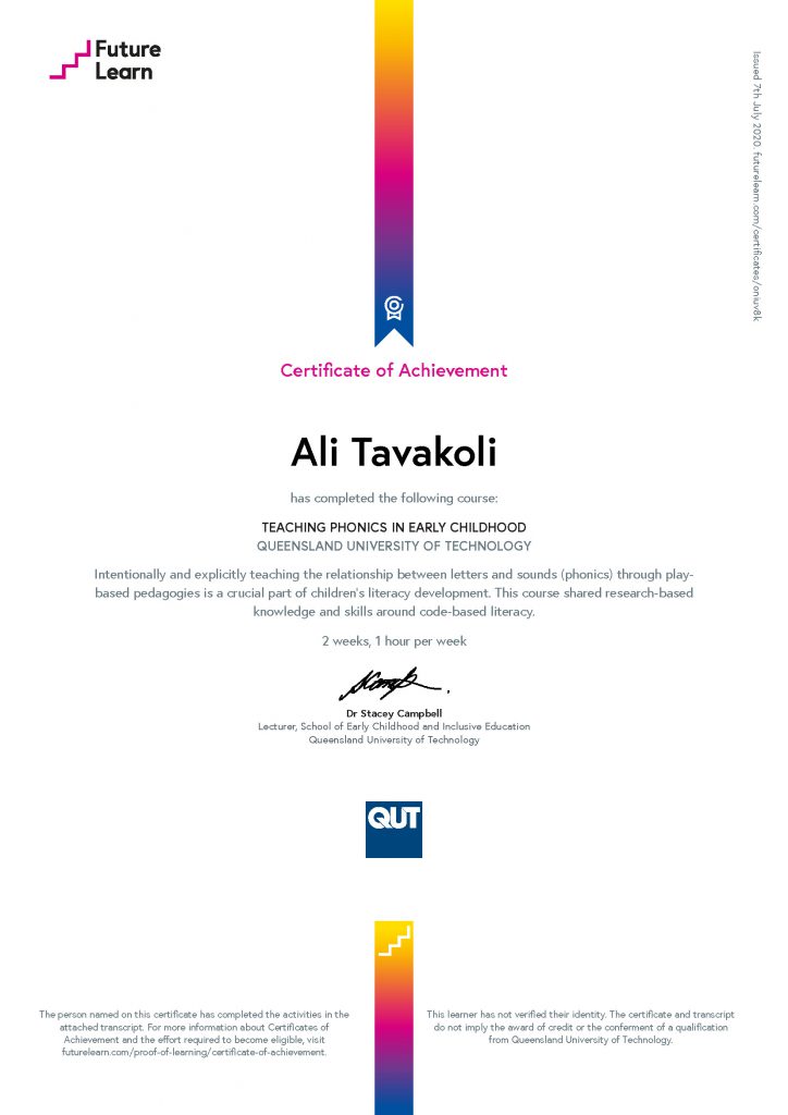 Ali Tavakoli's Certificate of Achievement for Teaching Phonics in Early Childhood 1