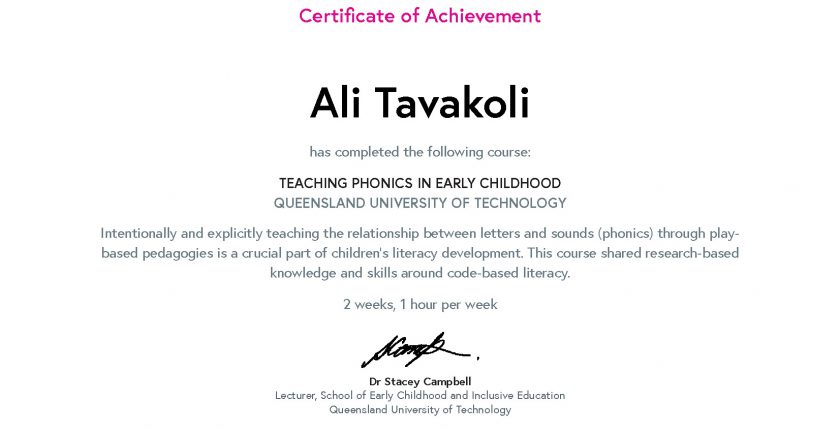 Ali Tavakoli's Certificate of Achievement for Teaching Phonics in Early Childhood 1