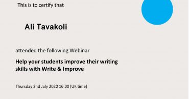 Ali Tavakoli’s certificate of attendance, Help your students improve their writing skills with Write & Improve 1