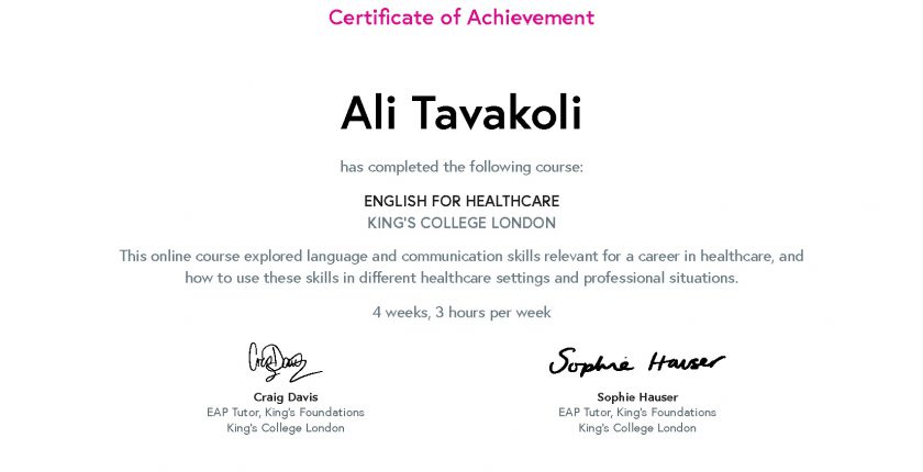 Ali Tavakoli's Certificate of Achievement for English for Healthcare 1