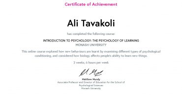 Ali Tavakoli's Certificate of Achievement for Introduction to Psychology The Psychology of Learning 1
