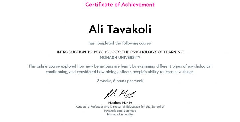 Ali Tavakoli's Certificate of Achievement for Introduction to Psychology The Psychology of Learning 1