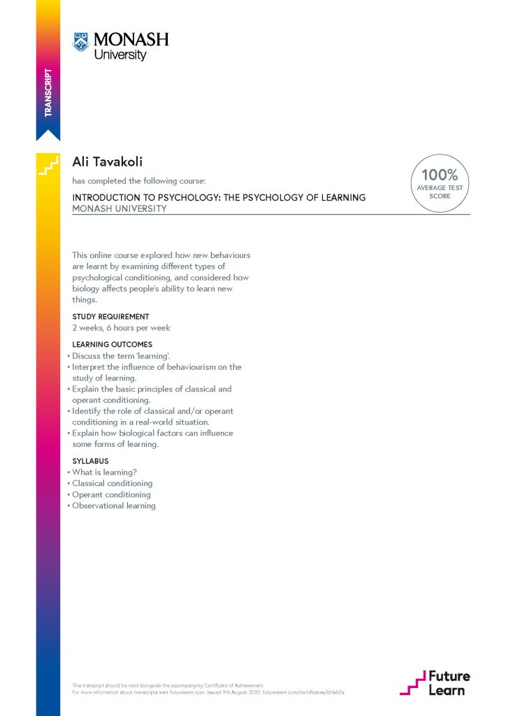 Ali Tavakoli's Certificate of Achievement for Introduction to Psychology The Psychology of Learning 1