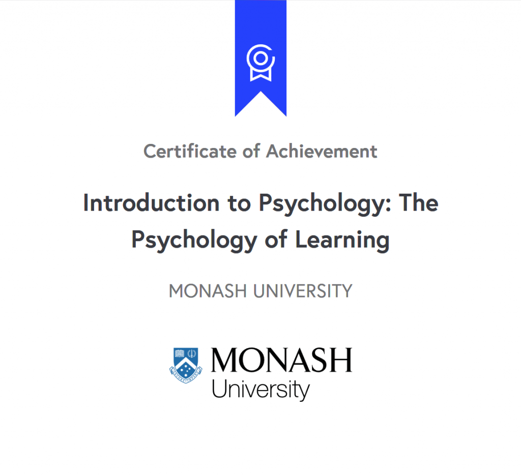 Ali Tavakoli's Certificate of Achievement for Introduction to Psychology The Psychology of Learning 1
