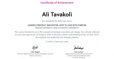 Ali Tavakoli's Certificate of Achievement for Leading Strategic Innovation 1