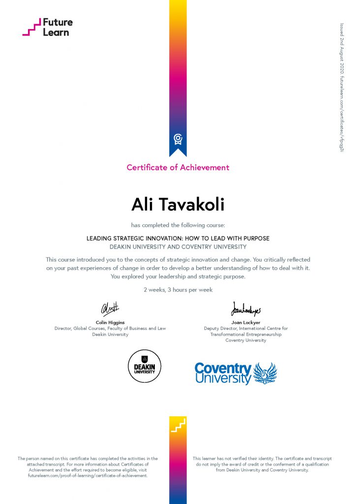 Ali Tavakoli's Certificate of Achievement for Leading Strategic Innovation 1