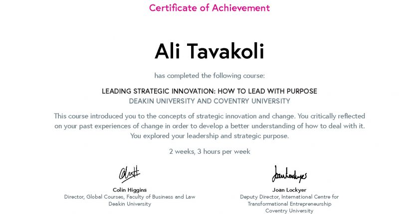 Ali Tavakoli's Certificate of Achievement for Leading Strategic Innovation 1